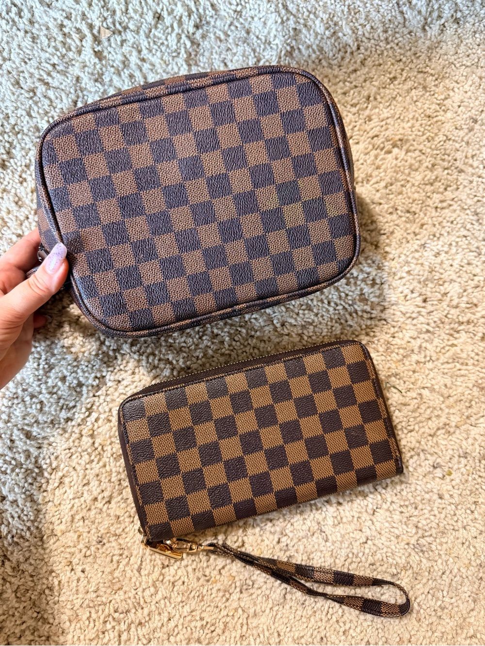 Brown Checkered Cosmetic Bag & Zip Around Wallet Travel Set